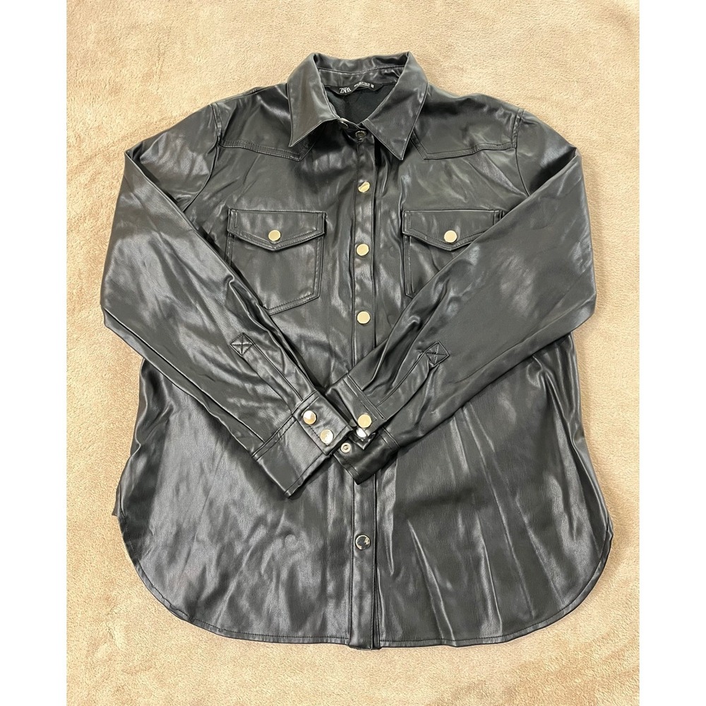 Zara Shirt Womens M Black Faux Leather Oversized Pocket Botton down L/S EUC